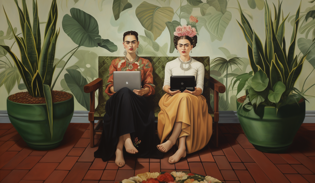 Painting in the style of Frida Kahlo of two women sitting on bench holding notebooks