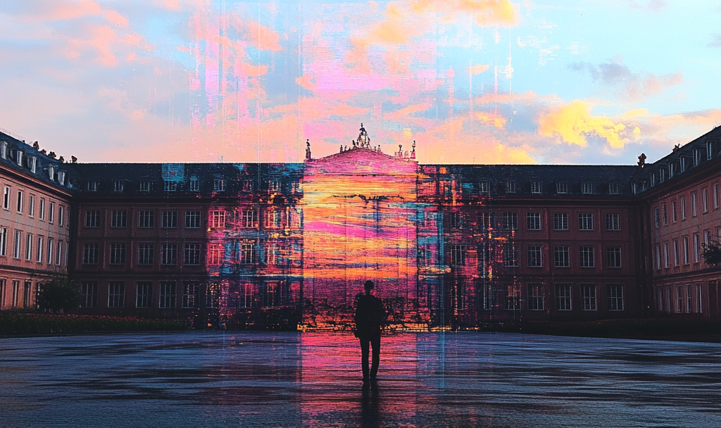 Silhouette of a person walking towards the Mannheim Palace